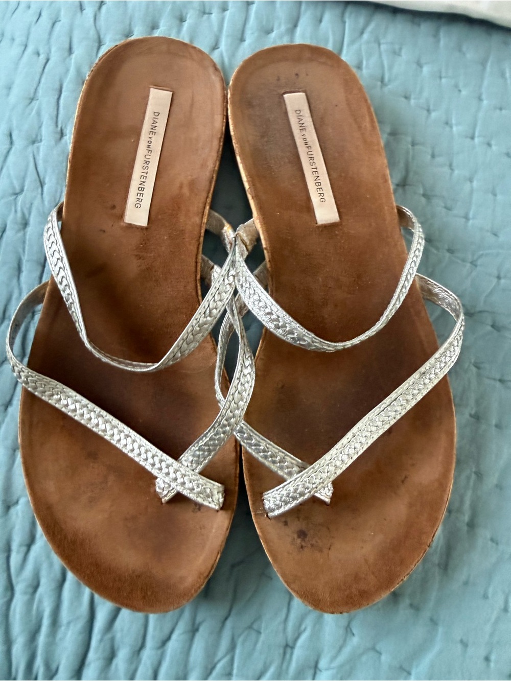 Diane Von Furstenberg Silver Braided-Strap Leather Footbed Sandals